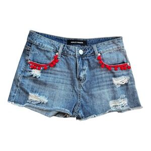Ashley Mason Size 27 Womens Jeans Denim Shorts Mid Rise Distress Red Pom Pom‎